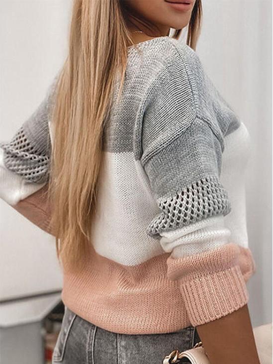 Women's Sweaters Round Neck Contrast Color Hollow Split Long Sleeve Sweater - Cardigans & Sweaters - INS | Online Fashion Free Shipping Clothing, Dresses, Tops, Shoes - 24/11/2021 - Cardigans & Sweaters - color-pink