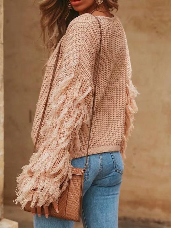 Women's Sweaters Round Neck Fringed Long Sleeve Sweater - Cardigans & Sweaters - INS | Online Fashion Free Shipping Clothing, Dresses, Tops, Shoes - 30/09/2021 - Cardigans & Sweaters - Color_Black