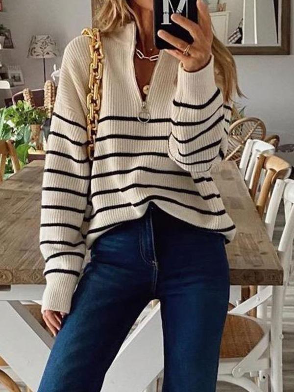 Women's Sweaters Striped Colorblock Round Neck Zipper Pullover Knitted Sweater - Cardigans & Sweaters - INS | Online Fashion Free Shipping Clothing, Dresses, Tops, Shoes - 10/09/2021 - 40-50 - Cardigans & Sweaters