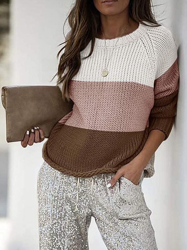 Women's Sweaters Three-Color Stitching Round Neck Long Sleeve Sweater - Cardigans & Sweaters - INS | Online Fashion Free Shipping Clothing, Dresses, Tops, Shoes - 18/11/2021 - 30-40 - Cardigans & Sweaters