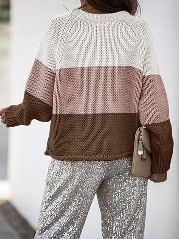 Women's Sweaters Three-Color Stitching Round Neck Long Sleeve Sweater - Cardigans & Sweaters - INS | Online Fashion Free Shipping Clothing, Dresses, Tops, Shoes - 18/11/2021 - 30-40 - Cardigans & Sweaters
