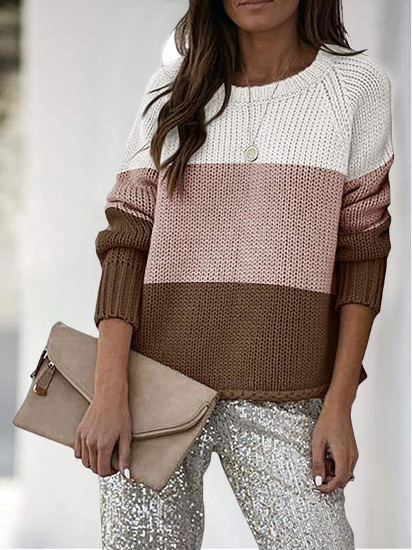 Women's Sweaters Three-Color Stitching Round Neck Long Sleeve Sweater - Cardigans & Sweaters - INS | Online Fashion Free Shipping Clothing, Dresses, Tops, Shoes - 18/11/2021 - 30-40 - Cardigans & Sweaters