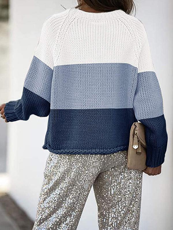 Women's Sweaters Three-Color Stitching Round Neck Long Sleeve Sweater - Cardigans & Sweaters - INS | Online Fashion Free Shipping Clothing, Dresses, Tops, Shoes - 18/11/2021 - 30-40 - Cardigans & Sweaters