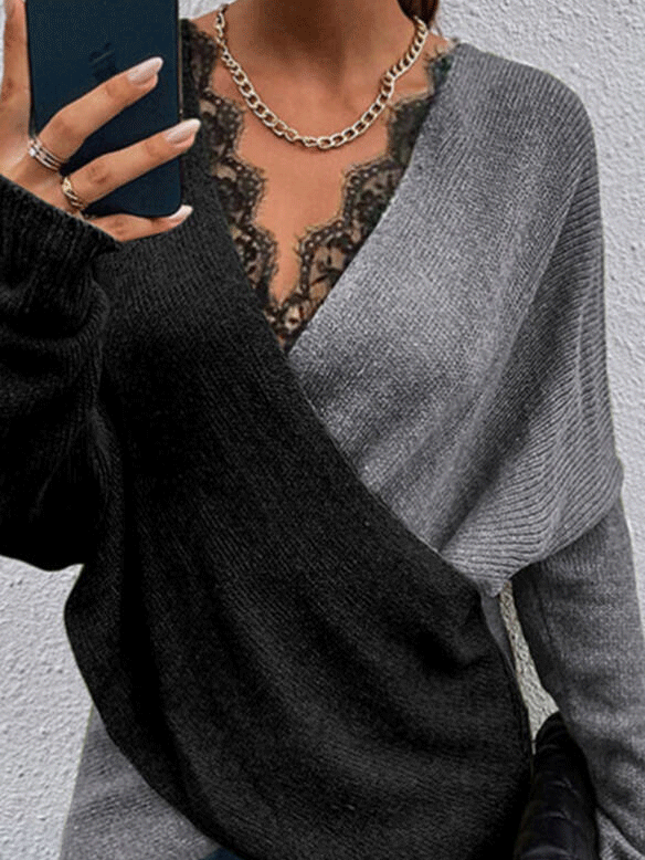 Women's Sweaters Two Color Lace V-Neck Long Sleeve Sweater - Cardigans & Sweaters - INS | Online Fashion Free Shipping Clothing, Dresses, Tops, Shoes - 05/11/2021 - 30-40 - Cardigans & Sweaters