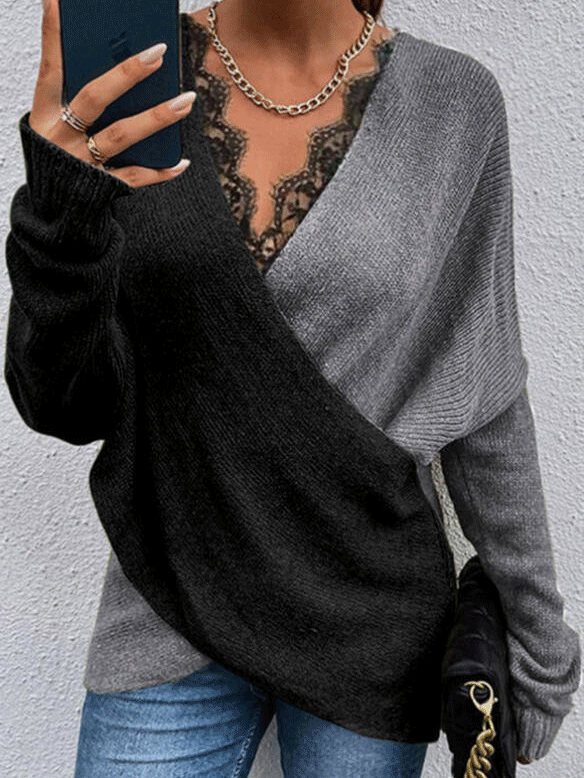 Women's Sweaters Two Color Lace V-Neck Long Sleeve Sweater - Cardigans & Sweaters - INS | Online Fashion Free Shipping Clothing, Dresses, Tops, Shoes - 05/11/2021 - 30-40 - Cardigans & Sweaters