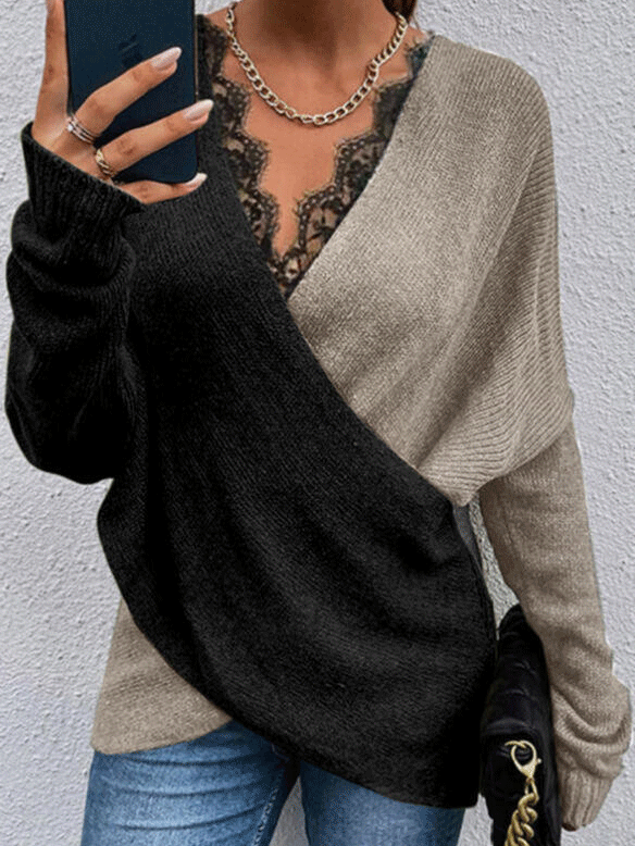 Women's Sweaters Two Color Lace V-Neck Long Sleeve Sweater - Cardigans & Sweaters - INS | Online Fashion Free Shipping Clothing, Dresses, Tops, Shoes - 05/11/2021 - 30-40 - Cardigans & Sweaters