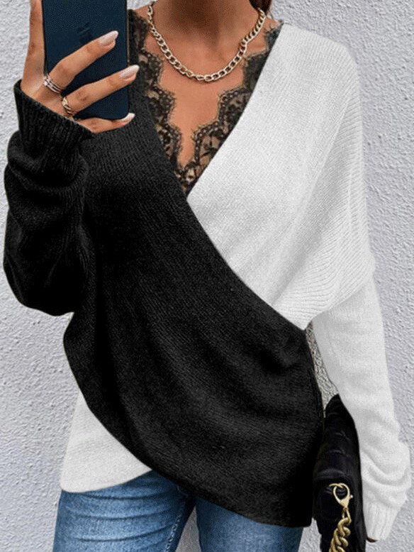 Women's Sweaters Two Color Lace V-Neck Long Sleeve Sweater - Cardigans & Sweaters - INS | Online Fashion Free Shipping Clothing, Dresses, Tops, Shoes - 05/11/2021 - 30-40 - Cardigans & Sweaters