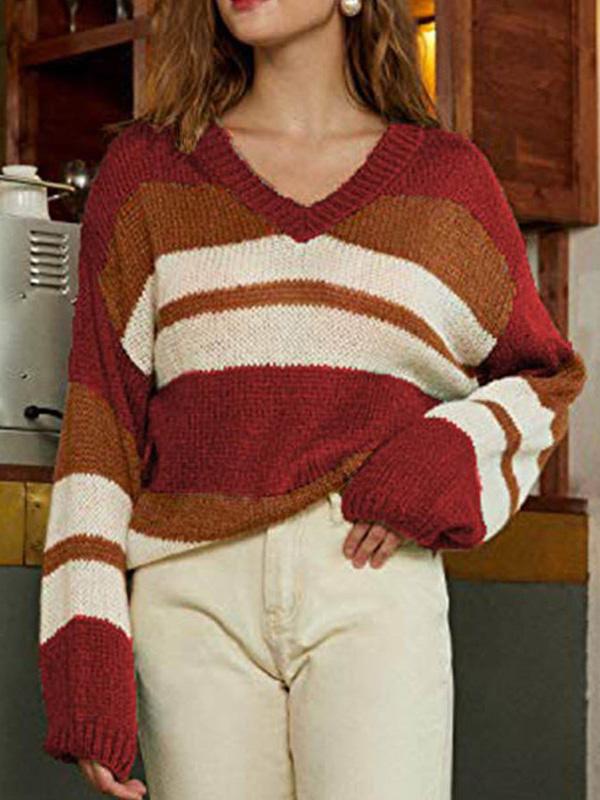 Women's Sweaters V-Neck Color-Block Long Sleeve Knitted Sweater - Cardigans & Sweaters - INS | Online Fashion Free Shipping Clothing, Dresses, Tops, Shoes - 24/08/2021 - 30-40 - Cardigans & Sweaters