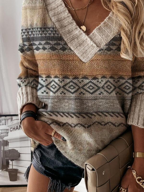 Women's Sweaters Vintage Printed V-Neck Long Sleeve Sweater - Cardigans & Sweaters - INS | Online Fashion Free Shipping Clothing, Dresses, Tops, Shoes - 20/10/2021 - 30-40 - Cardigans & Sweaters