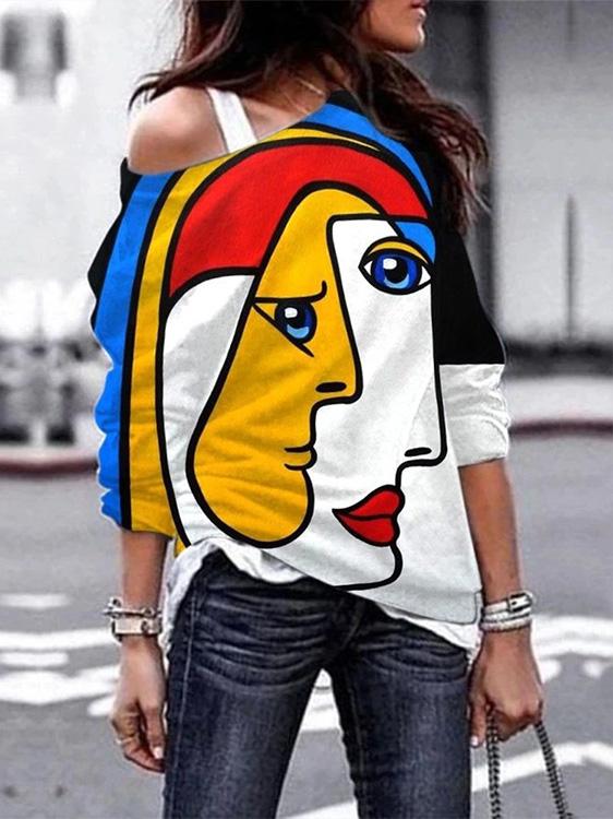 Women's T-Shirts Abstract Color Face Print Off-Shoulder T-Shirt - T-Shirts - INS | Online Fashion Free Shipping Clothing, Dresses, Tops, Shoes - 10-20 - 10/09/2021 - Category_T-Shirts