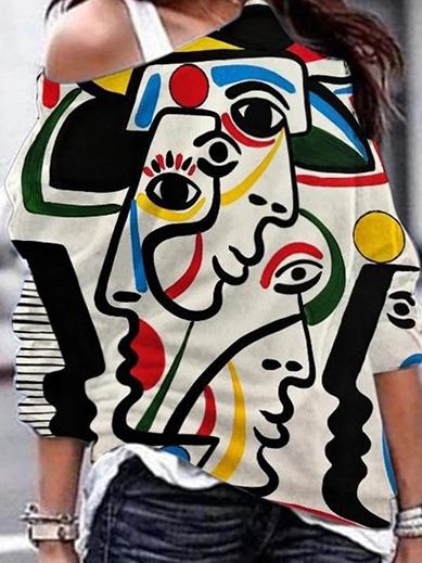 Women's T-Shirts Abstract Color Face Print Off-Shoulder T-Shirt - T-Shirts - INS | Online Fashion Free Shipping Clothing, Dresses, Tops, Shoes - 10-20 - 10/09/2021 - Category_T-Shirts