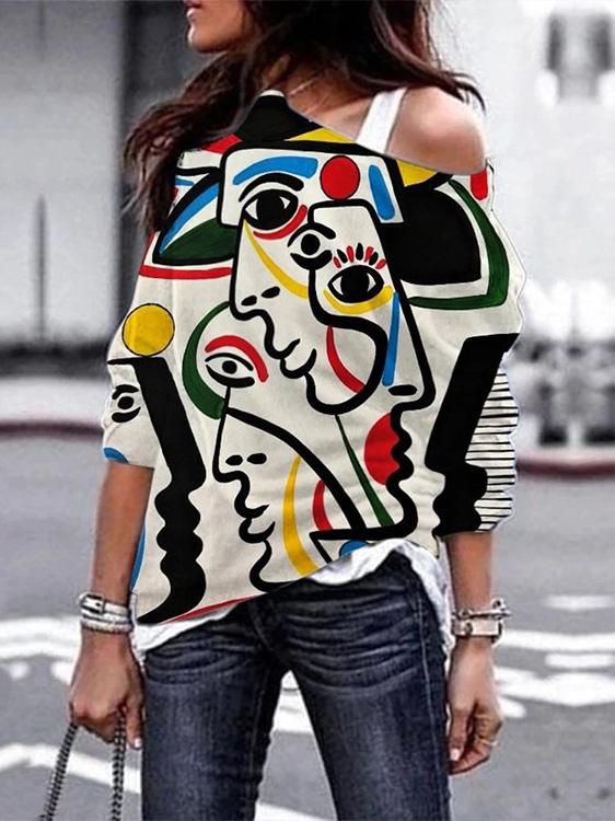 Women's T-Shirts Abstract Color Face Print Off-Shoulder T-Shirt - T-Shirts - INS | Online Fashion Free Shipping Clothing, Dresses, Tops, Shoes - 10-20 - 10/09/2021 - Category_T-Shirts