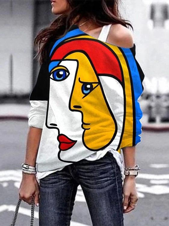 Women's T-Shirts Abstract Color Face Print Off-Shoulder T-Shirt - T-Shirts - INS | Online Fashion Free Shipping Clothing, Dresses, Tops, Shoes - 10-20 - 10/09/2021 - Category_T-Shirts
