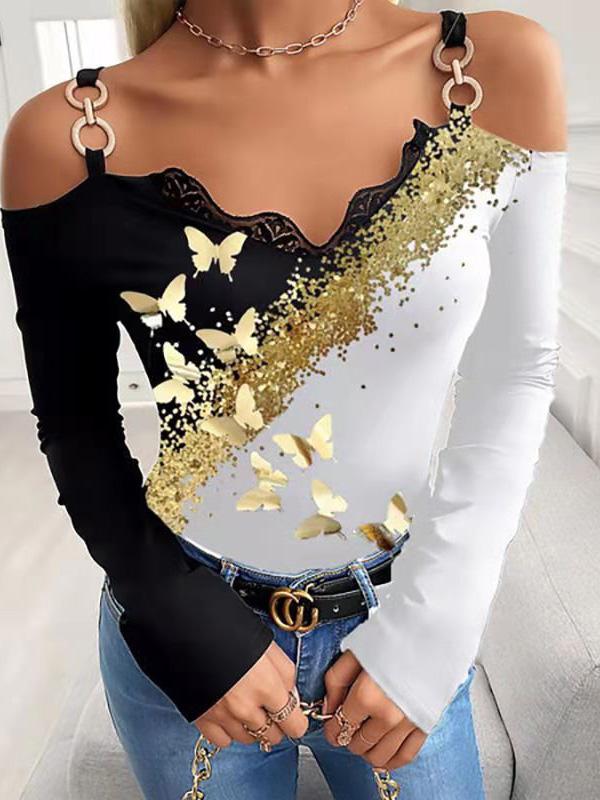Women's T-Shirts Bronzing Butterfly Print Off-Shoulder T-Shirt - T-Shirts - INS | Online Fashion Free Shipping Clothing, Dresses, Tops, Shoes - 09/08/2021 - 10-20 - Category_T-Shirts