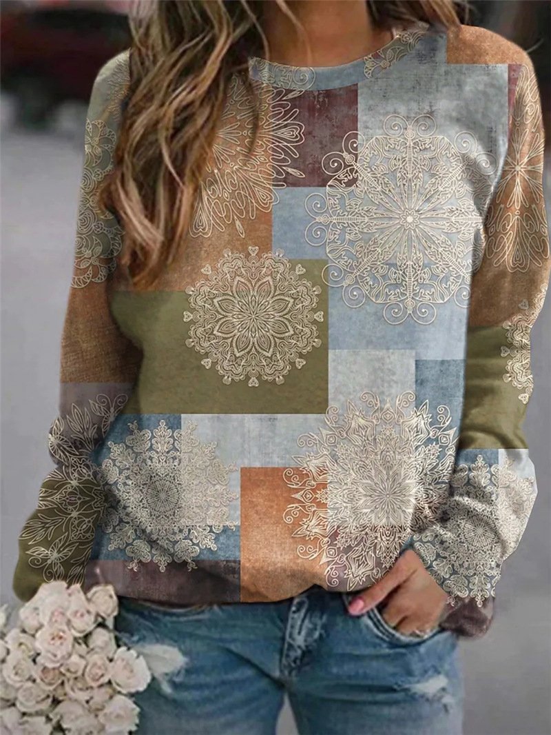 Women's T-Shirts Color Block Stitching Floral Round Neck Long Sleeve T-Shirt - T-Shirts - INS | Online Fashion Free Shipping Clothing, Dresses, Tops, Shoes - 20-30 - 22/10/2021 - color-blue