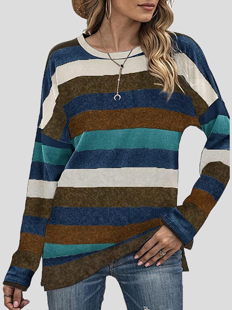 Women's T-Shirts Color Striped Round Neck Long Sleeve Split T-shirt - T-Shirts - INS | Online Fashion Free Shipping Clothing, Dresses, Tops, Shoes - 20-30 - 26/10/2021 - color-black