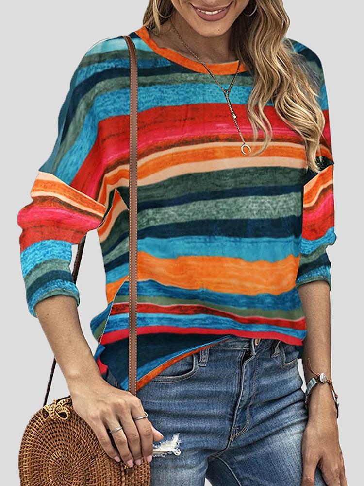 Women's T-Shirts Color Striped Round Neck Long Sleeve Split T-shirt - T-Shirts - INS | Online Fashion Free Shipping Clothing, Dresses, Tops, Shoes - 20-30 - 26/10/2021 - color-black