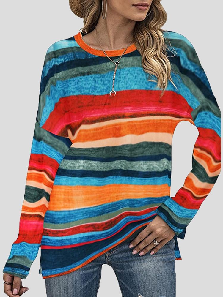 Women's T-Shirts Color Striped Round Neck Long Sleeve Split T-shirt - T-Shirts - INS | Online Fashion Free Shipping Clothing, Dresses, Tops, Shoes - 20-30 - 26/10/2021 - color-black