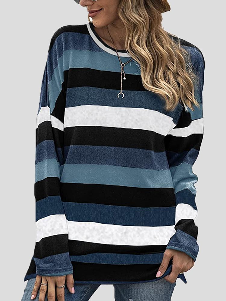 Women's T-Shirts Color Striped Round Neck Long Sleeve Split T-shirt - T-Shirts - INS | Online Fashion Free Shipping Clothing, Dresses, Tops, Shoes - 20-30 - 26/10/2021 - color-black