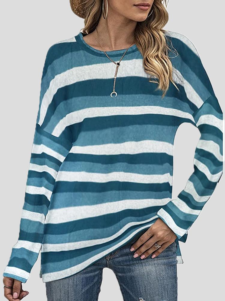 Women's T-Shirts Color Striped Round Neck Long Sleeve Split T-shirt - T-Shirts - INS | Online Fashion Free Shipping Clothing, Dresses, Tops, Shoes - 20-30 - 26/10/2021 - color-black