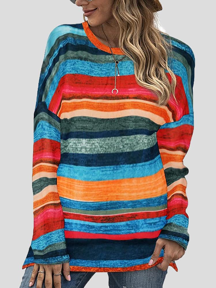 Women's T-Shirts Color Striped Round Neck Long Sleeve Split T-shirt - T-Shirts - INS | Online Fashion Free Shipping Clothing, Dresses, Tops, Shoes - 20-30 - 26/10/2021 - color-black