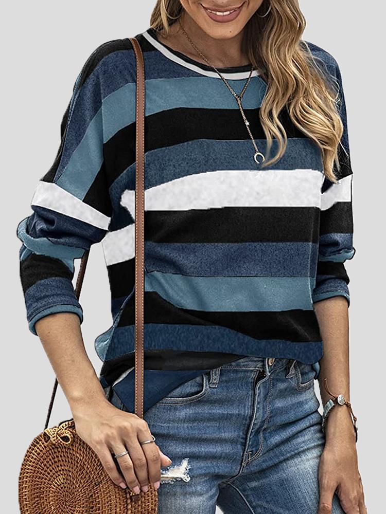 Women's T-Shirts Color Striped Round Neck Long Sleeve Split T-shirt - T-Shirts - INS | Online Fashion Free Shipping Clothing, Dresses, Tops, Shoes - 20-30 - 26/10/2021 - color-black
