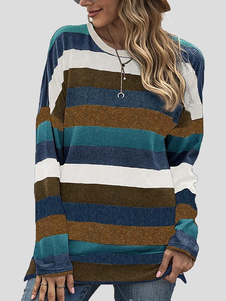 Women's T-Shirts Color Striped Round Neck Long Sleeve Split T-shirt - T-Shirts - INS | Online Fashion Free Shipping Clothing, Dresses, Tops, Shoes - 20-30 - 26/10/2021 - color-black