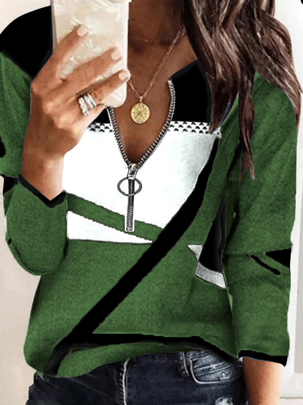 Women's T-Shirts Colorblock Printing V-Neck Zipper Long Sleeve T-Shirt - T-Shirts - Instastyled | Online Fashion Free Shipping Clothing, Dresses, Tops, Shoes - 09/12/2021 - 20-30 - color-black