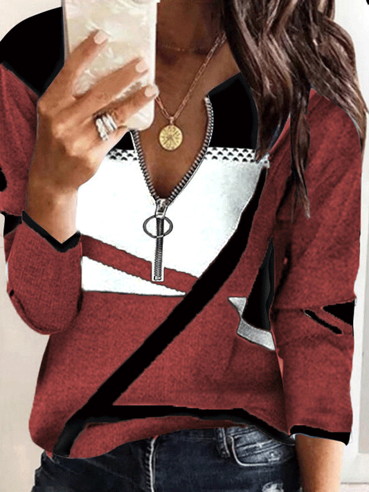 Women's T-Shirts Colorblock Printing V-Neck Zipper Long Sleeve T-Shirt - T-Shirts - Instastyled | Online Fashion Free Shipping Clothing, Dresses, Tops, Shoes - 09/12/2021 - 20-30 - color-black