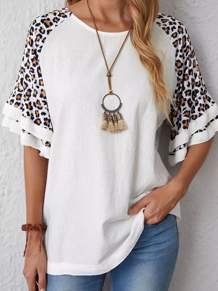 Women's T-Shirts Crew Neck Leopard Panel Short Sleeve T-Shirt - T-Shirts - Instastyled | Online Fashion Free Shipping Clothing, Dresses, Tops, Shoes - 18/01/2022 - 20-30 - color-white