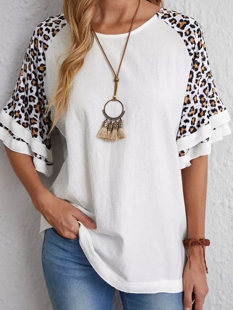 Women's T-Shirts Crew Neck Leopard Panel Short Sleeve T-Shirt - T-Shirts - Instastyled | Online Fashion Free Shipping Clothing, Dresses, Tops, Shoes - 18/01/2022 - 20-30 - color-white