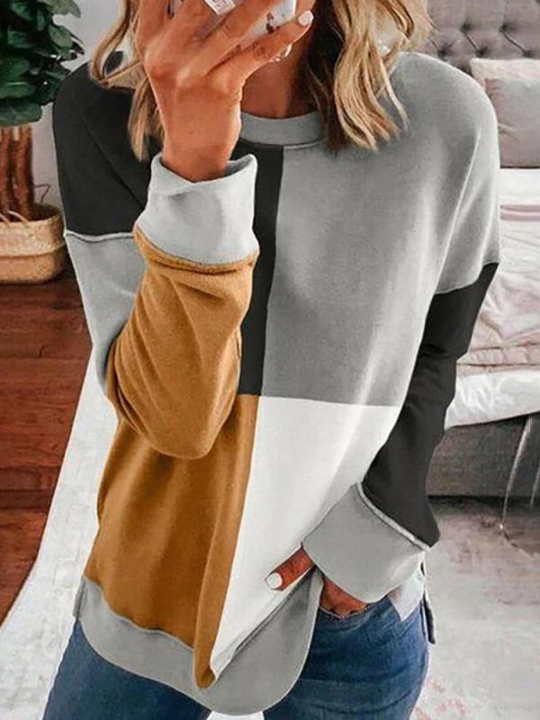 Women's T-Shirts Four Color Stitching Round Neck Long Sleeve T-Shirt - T-Shirts - Instastyled | Online Fashion Free Shipping Clothing, Dresses, Tops, Shoes - 03/12/2021 - 20-30 - color-brown