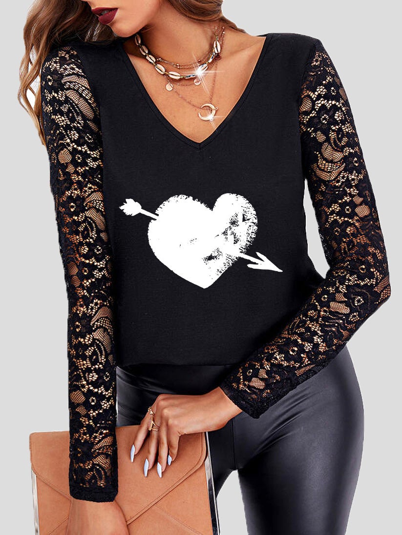Women's T-Shirts Heart Print V-Neck Lace Long Sleeve T-Shirt - T-Shirts - Instastyled | Online Fashion Free Shipping Clothing, Dresses, Tops, Shoes - 20-30 - 20/01/2022 - color-black
