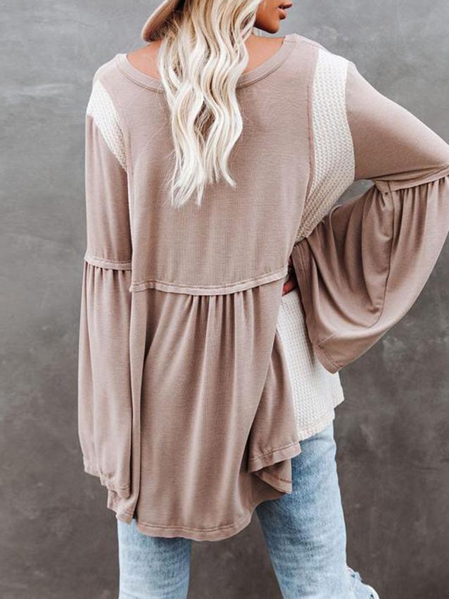 Women's T-Shirts Irregular Contrast Color U Collar Flare Sleeve T-Shirt - T-Shirts - INS | Online Fashion Free Shipping Clothing, Dresses, Tops, Shoes - 20-30 - 28/10/2021 - color-apricot