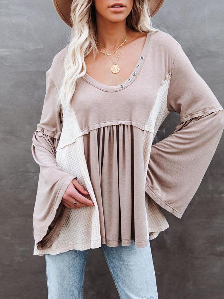 Women's T-Shirts Irregular Contrast Color U Collar Flare Sleeve T-Shirt - T-Shirts - INS | Online Fashion Free Shipping Clothing, Dresses, Tops, Shoes - 20-30 - 28/10/2021 - color-apricot