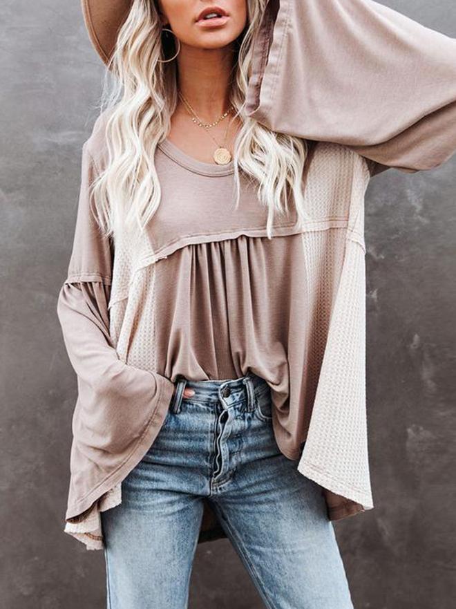 Women's T-Shirts Irregular Contrast Color U Collar Flare Sleeve T-Shirt - T-Shirts - INS | Online Fashion Free Shipping Clothing, Dresses, Tops, Shoes - 20-30 - 28/10/2021 - color-apricot