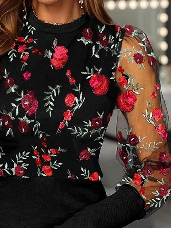 Women's T-Shirts Lace Floral Round Neck Long Sleeve T-Shirt - T-Shirts - INS | Online Fashion Free Shipping Clothing, Dresses, Tops, Shoes - 05/11/2021 - 20-30 - color-blue