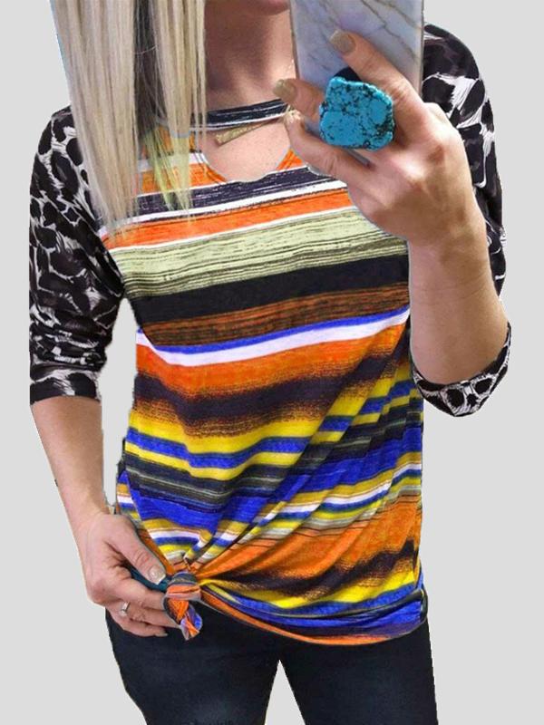 Women's T-Shirts Leopard Multicolor Stripes Colorblock Long Sleeve T-Shirt - T-Shirts - INS | Online Fashion Free Shipping Clothing, Dresses, Tops, Shoes - 10-20 - 11/10/2021 - color-green