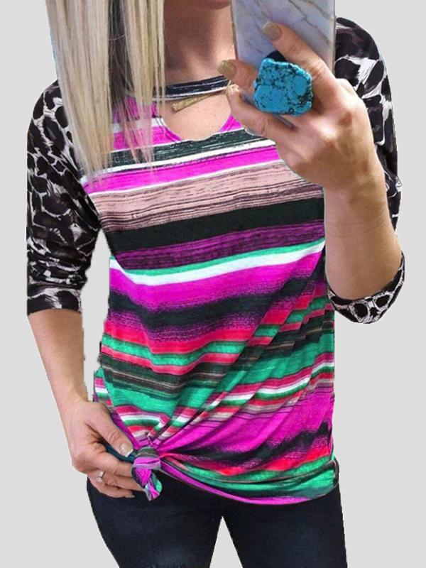 Women's T-Shirts Leopard Multicolor Stripes Colorblock Long Sleeve T-Shirt - T-Shirts - INS | Online Fashion Free Shipping Clothing, Dresses, Tops, Shoes - 10-20 - 11/10/2021 - color-green