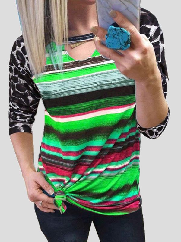 Women's T-Shirts Leopard Multicolor Stripes Colorblock Long Sleeve T-Shirt - T-Shirts - INS | Online Fashion Free Shipping Clothing, Dresses, Tops, Shoes - 10-20 - 11/10/2021 - color-green