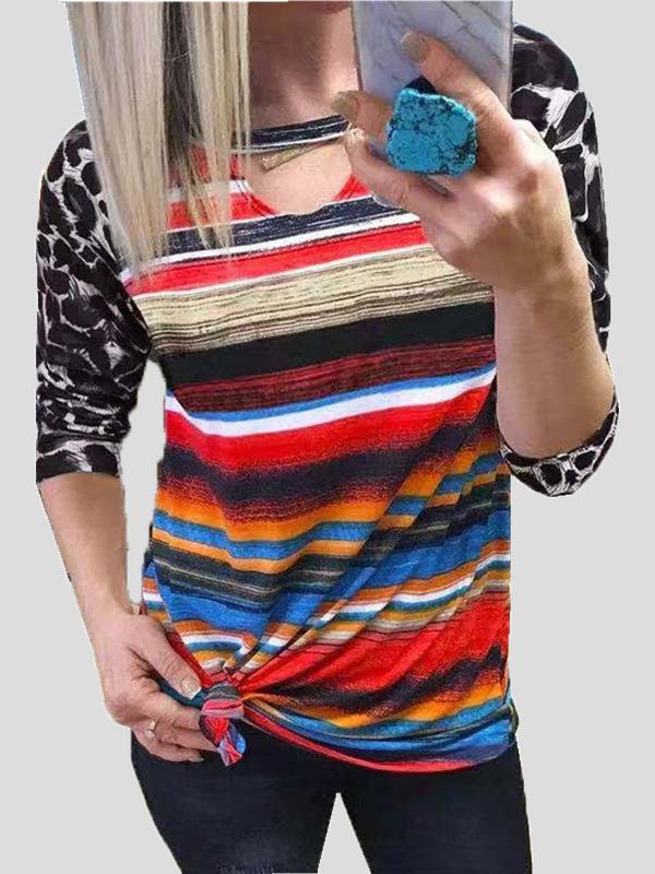 Women's T-Shirts Leopard Multicolor Stripes Colorblock Long Sleeve T-Shirt - T-Shirts - INS | Online Fashion Free Shipping Clothing, Dresses, Tops, Shoes - 10-20 - 11/10/2021 - color-green