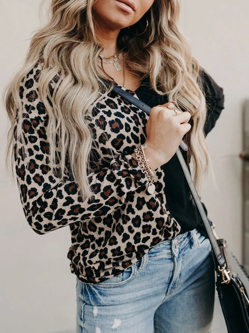 Women's T-Shirts Leopard Print Contrast Color V-Neck Long Sleeve T-Shirts - T-Shirts - INS | Online Fashion Free Shipping Clothing, Dresses, Tops, Shoes - 10-20 - 12/11/2021 - color-black