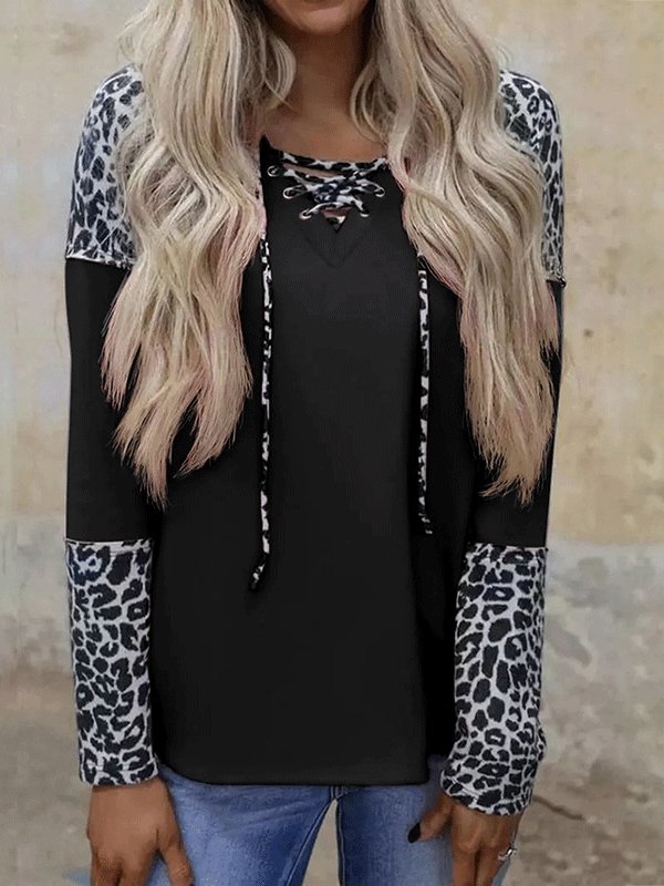 Women's T-Shirts Leopard Print Stitching Long Sleeve T-Shirt - T-Shirts - INS | Online Fashion Free Shipping Clothing, Dresses, Tops, Shoes - 09/10/2021 - 20-30 - color-black