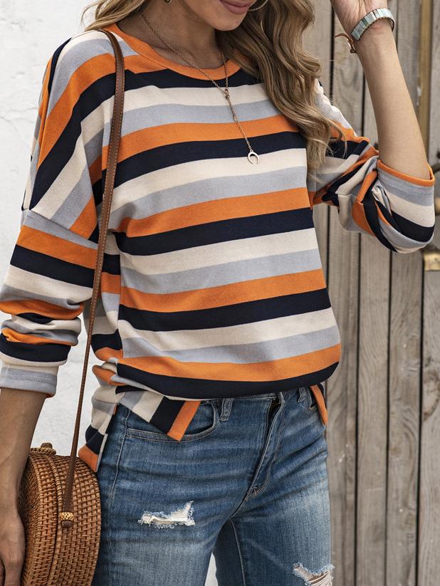 Women's T-Shirts Multicolor Striped Round Neck Long Sleeve T-Shirt - T-Shirts - Instastyled | Online Fashion Free Shipping Clothing, Dresses, Tops, Shoes - 03/12/2021 - 20-30 - color-brown