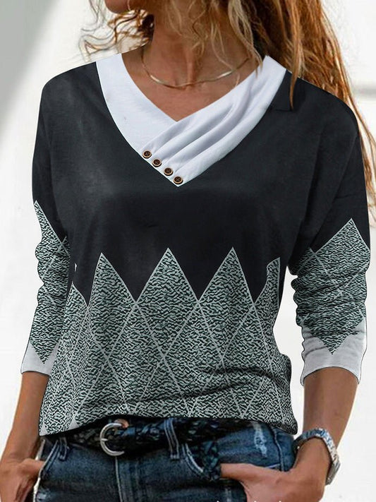 Women's T-Shirts Printed Cross V-Neck Button Long Sleeve T-Shirt - T-Shirts - Instastyled | Online Fashion Free Shipping Clothing, Dresses, Tops, Shoes - 14/02/2022 - 20-30 - color-black