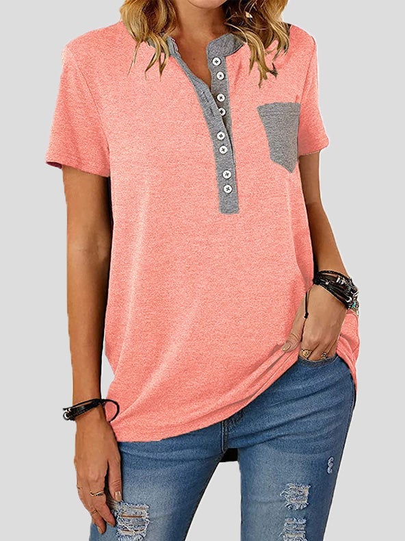 Women's T-Shirts V-Neck Panel Pocket Button Short Sleeve T-Shirt - T-Shirts - Instastyled | Online Fashion Free Shipping Clothing, Dresses, Tops, Shoes - 13/01/2022 - 20-30 - color-black