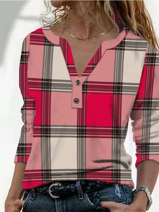 Women's T-Shirts Vintage Check Print V-Neck Button Long Sleeve T-Shirt - T-Shirts - INS | Online Fashion Free Shipping Clothing, Dresses, Tops, Shoes - 20-30 - 22/10/2021 - color-gray