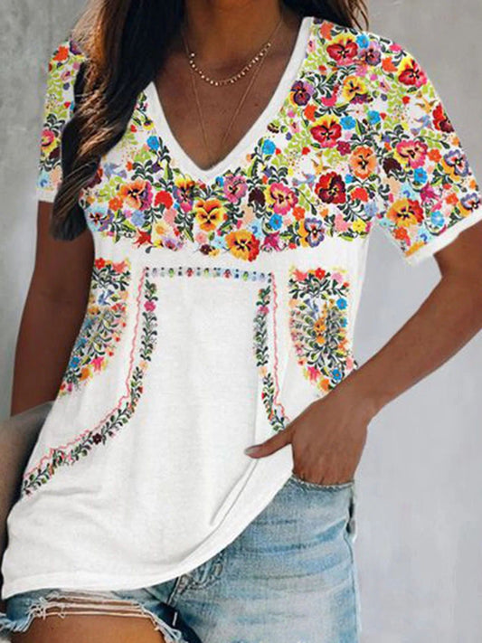 Women's T-Shirts Vintage Print V-Neck Short Sleeve T-Shirt - T-Shirts - Instastyled | Online Fashion Free Shipping Clothing, Dresses, Tops, Shoes - 20-30 - 24/02/2022 - color-white