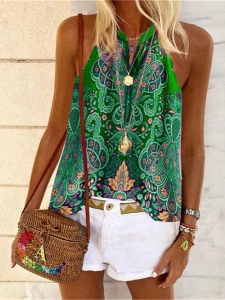 Women's Tank Tops V-Neck Vintage Print Sleeveless Tank Tops - Tank Tops - Instastyled | Online Fashion Free Shipping Clothing, Dresses, Tops, Shoes - 05/01/2022 - 20-30 - color-blue